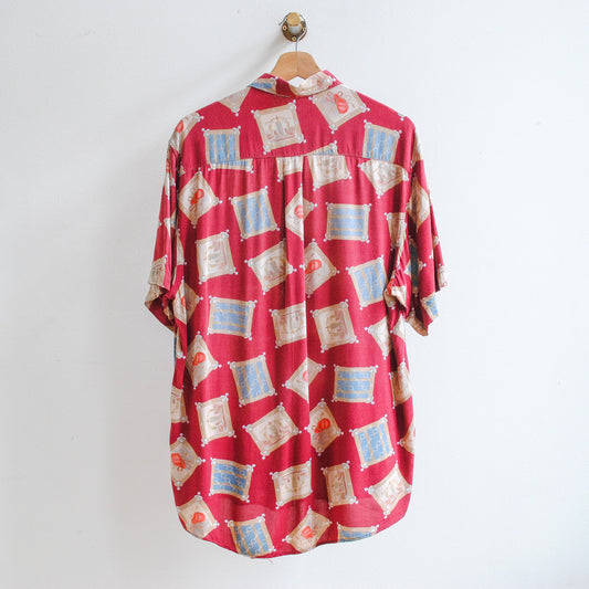 rood abstract vintage hemd met patroon van schilderijtjes collectie fresh vintage