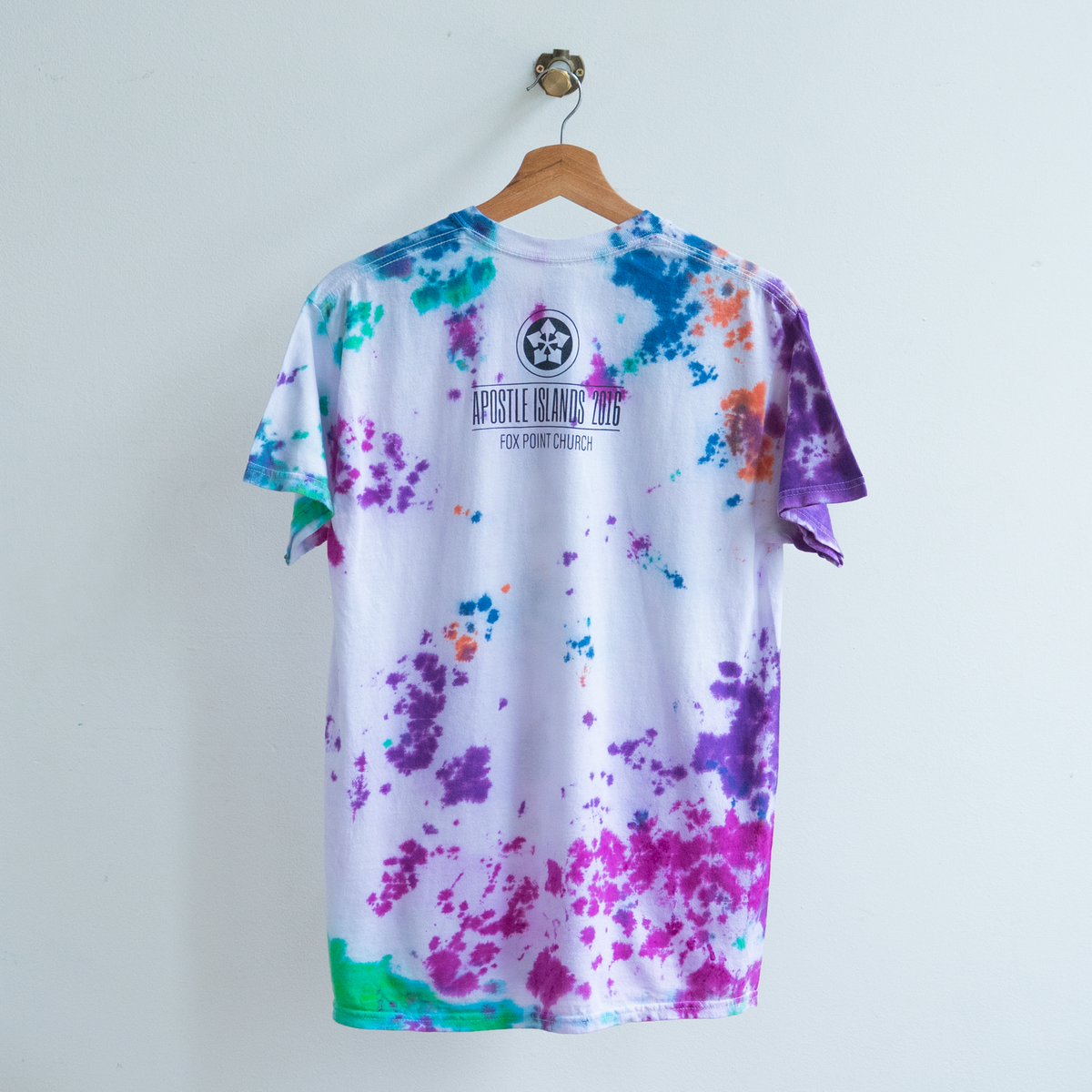christian tie dye t-shirt in white and multicolor with text apostle islands 2016