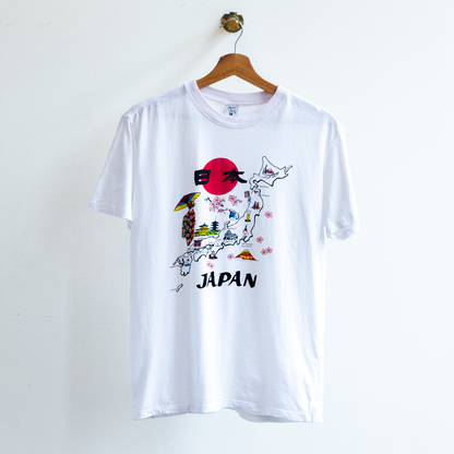 White secondhand t-shirt featuring a graphic print of the map of Japan with a red sun, cherry blossoms, and the word 'JAPAN' printed below.