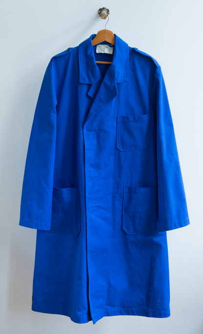 lange blauwe vintage werkjas