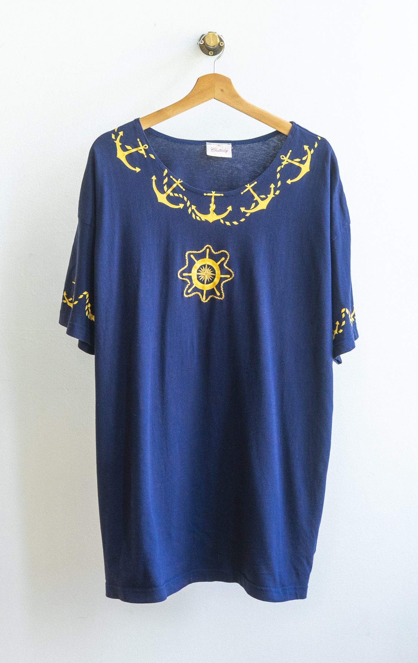 Navy nightwear t-shirt in boat theme with yellow anchor and wheel design