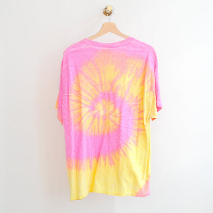 back of secondhand pink and yellow tie dye tshirt on hanger fresh vintage