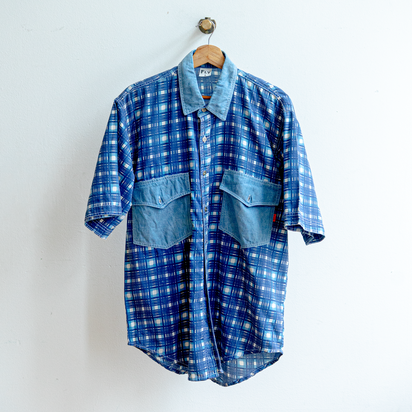 tweedehands blauw wit geruit hemd