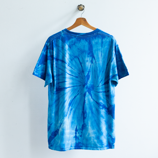 back of blue plano west tie dyed t-shirt