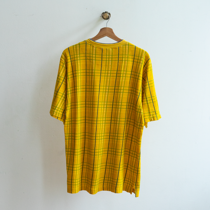 late 90s yellow checkered t-shirt with green blue lines