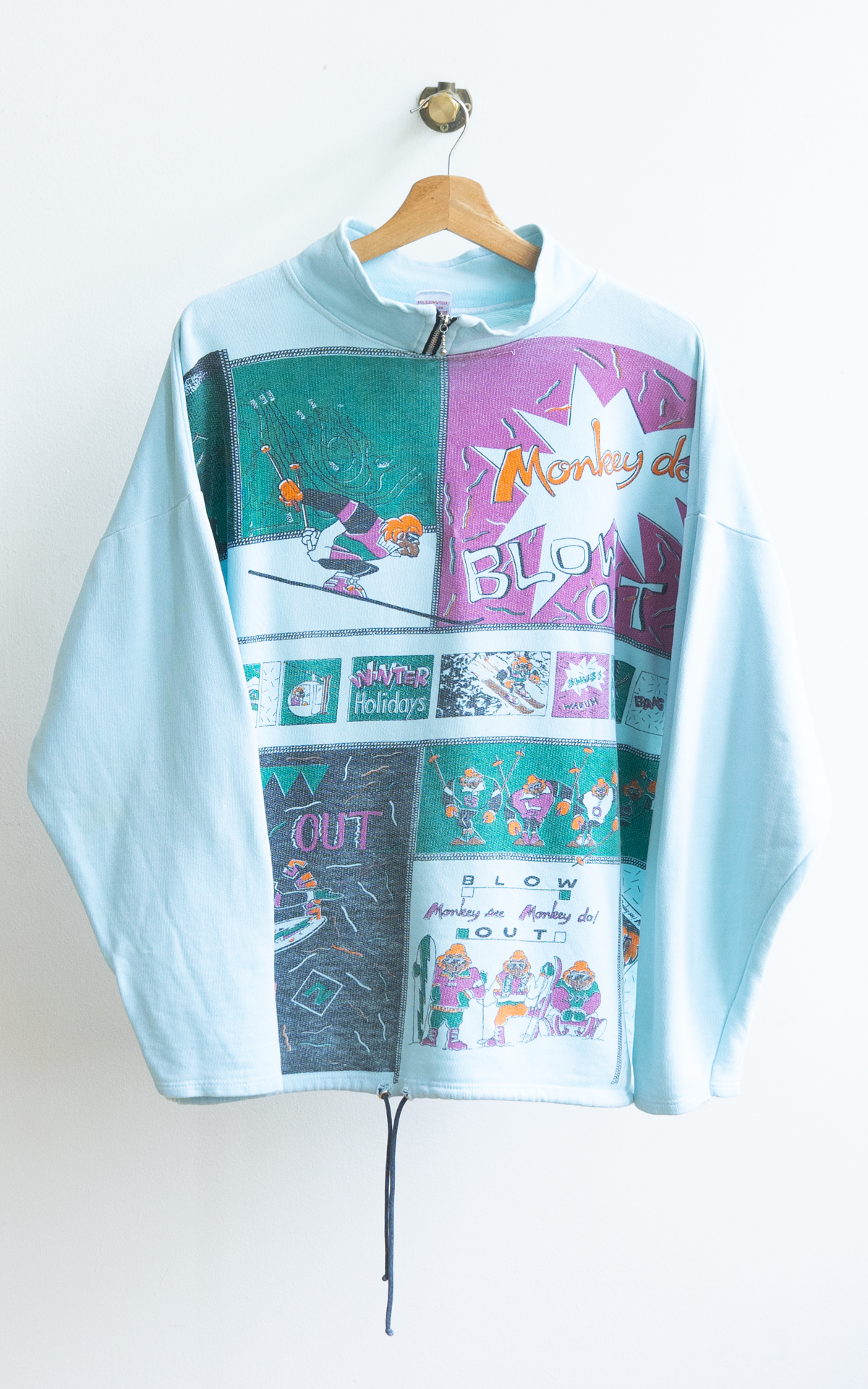 Secondhand Light Blue 80s Sweater comic graphics monkey