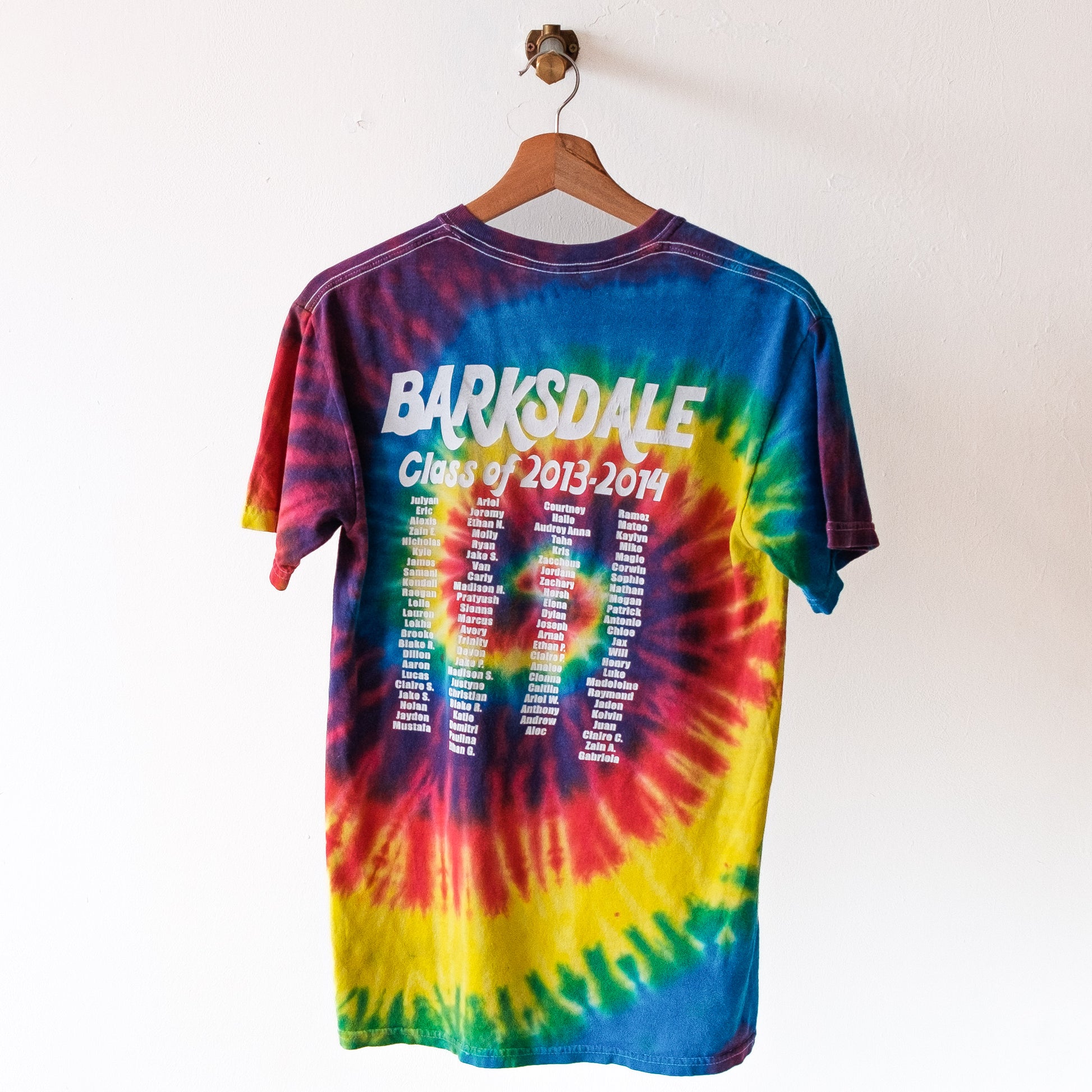 tie-dye-tshirt-surfer-image-barksdale-on-the-back-rainbow-colors-purple-blue-yellow-green-orange-class-of-2013-2014